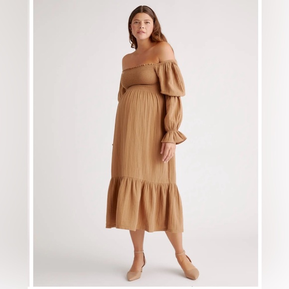 Quince Organic Cotton Gauze Maternity Smocked Ruffle Hem Midi Dress - Picture 2 of 6